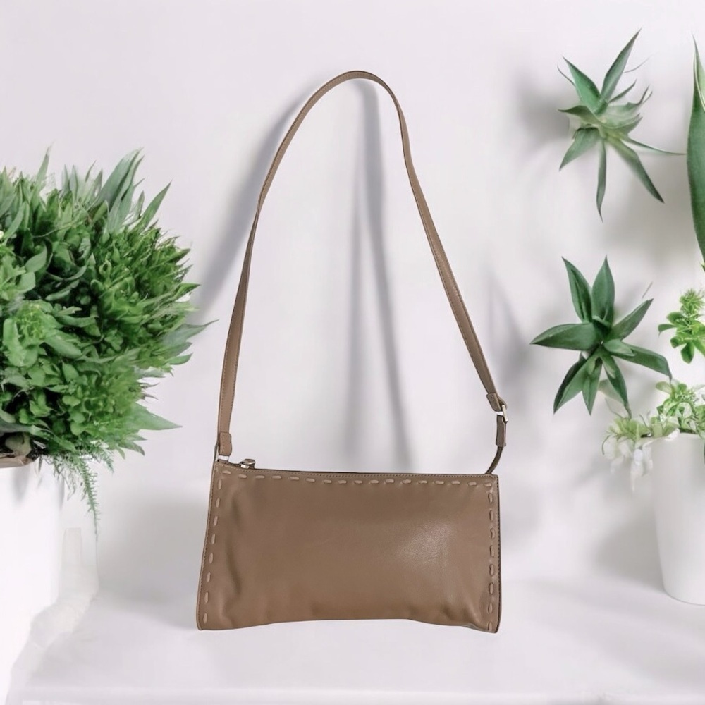 Preston & York Tan/ Brown Leather Shoulder Bag Purse Flat Handbag 10 x 5.5 ins